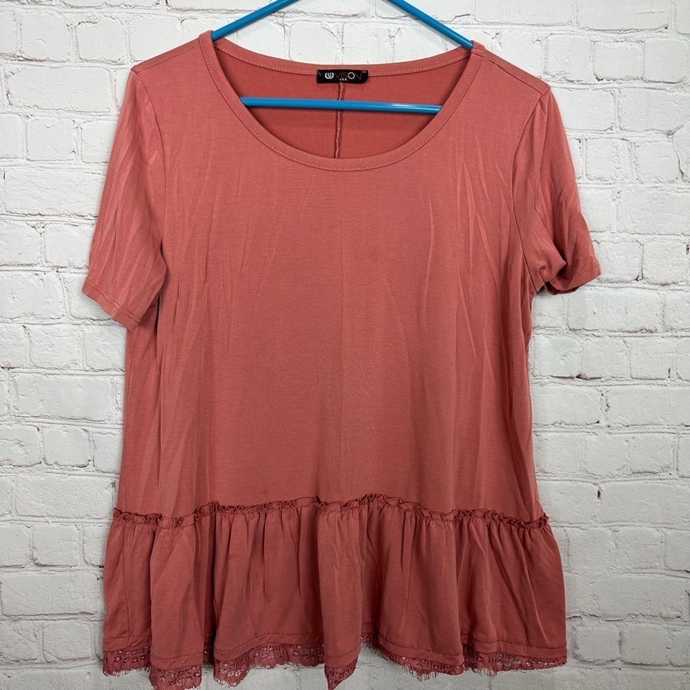 Vision USA Boho Peasant Blouse Popover Top Shirt ruffles short sleeve, sz M